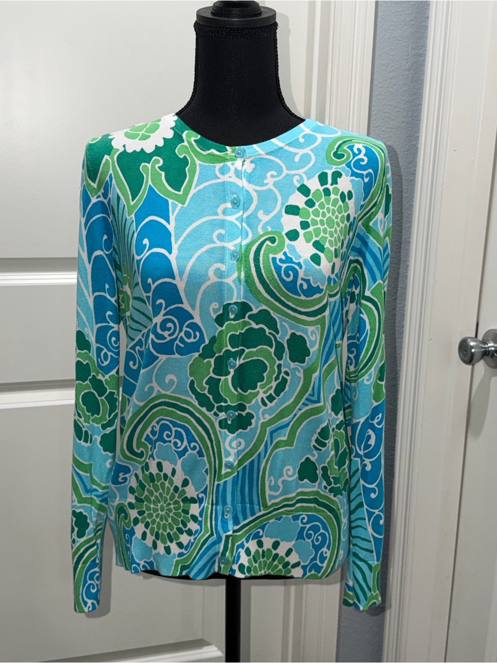 Talbots Blue & Green Printed Long Sleeve Button Cardigan size m